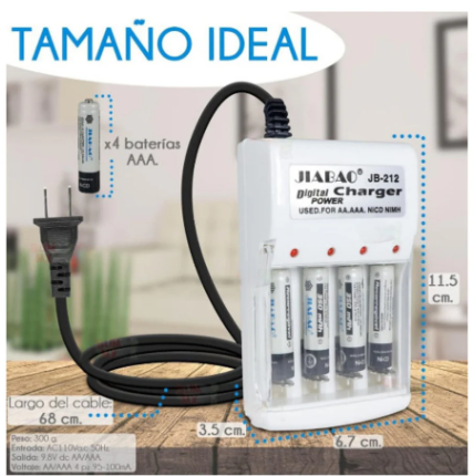 🔋 Cargador Universal Jiabao JB-212 con 4 Baterías AAA Recargables
