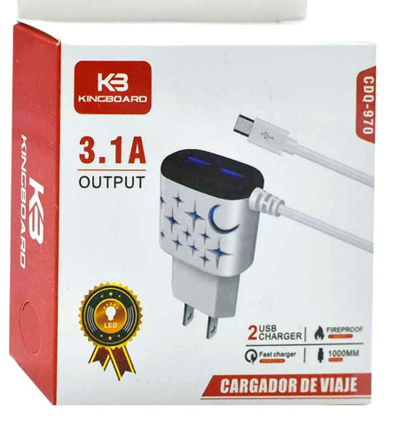 ⚡ Cargador de Viaje Kingboard CDQ-970 con Cable Micro USB (V8) – 5V/3.1A, 9V/2.0A