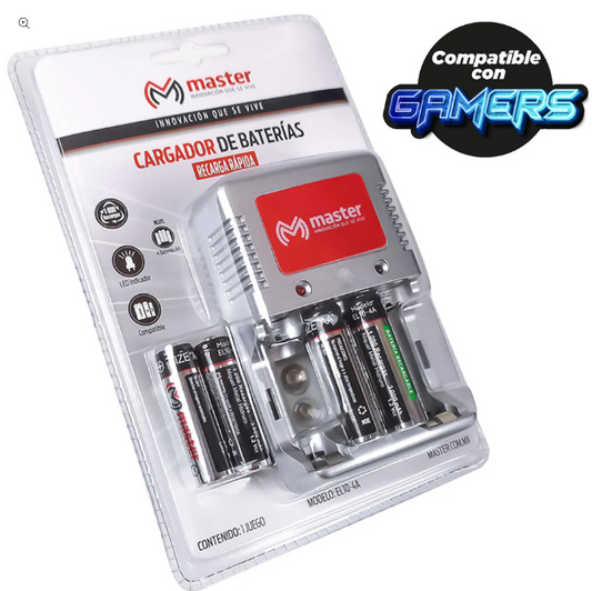 🔋 Cargador de Baterías Master EL10-2AA2AAA – Incluye 2 Baterías AA de 3000 mAh y 2 AAA de 1200 mAh