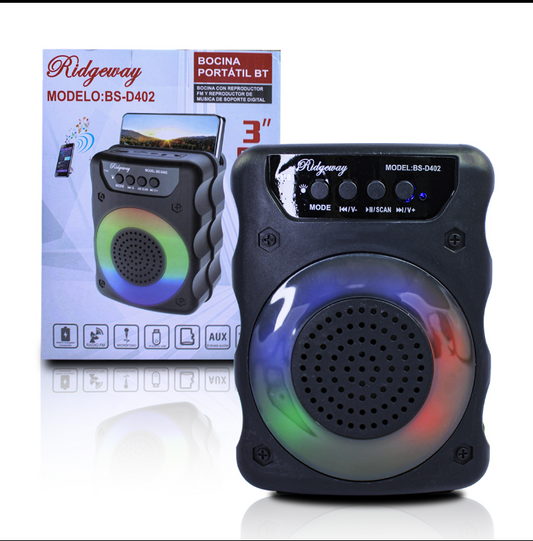 🔊 Bocina Portátil Bluetooth RIDGEWAY BS-D402 – 3" con Luces LED y Soporte para Celular