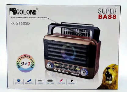 📻 Radio Bluetooth RX-5160D – AM/FM/SW, RGB LED, USB/TF, 1200mAh