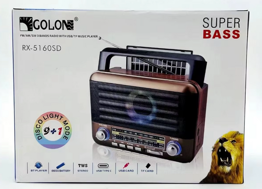 📻 Radio Bluetooth RX-5160D – AM/FM/SW, RGB LED, USB/TF, 1200mAh