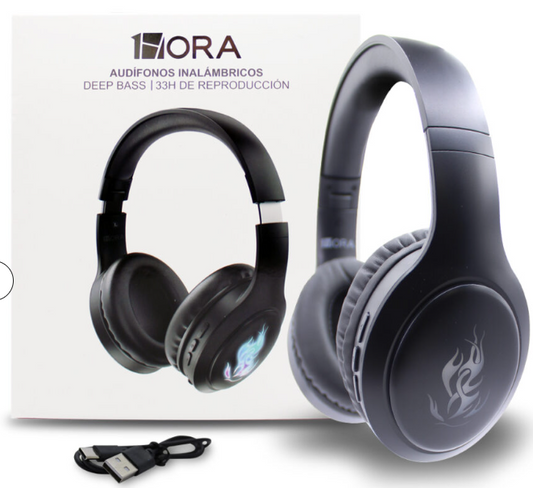 🎧 Audífonos Inalámbricos de Diadema 1HORA AUT-202 – Bluetooth 5.1, Luces LED RGB, Batería de 1000mAh