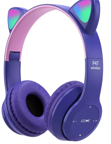 🎧 Audífonos Inalámbricos P47M con Orejas de Gato y Luces LED – Bluetooth 5.0, MicroSD, Diseño Plegable