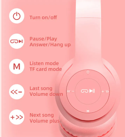 🎧 Audífonos Inalámbricos P47M con Orejas de Gato y Luces LED – Bluetooth 5.0, MicroSD, Diseño Plegable