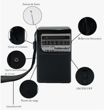 📻 Radio Portátil de Bolsillo Goldenultra GT-21R – AM/FM