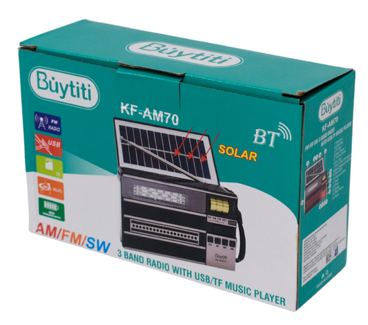 📻 Radio Portátil Buytiti KF-AM70 – AM/FM con Bluetooth, Linterna y Panel Solar