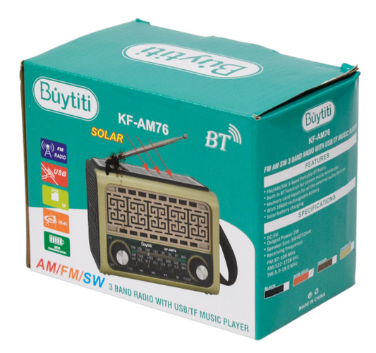 📻 Radio Portátil Buytiti KF-AM76 – AM/FM con Bluetooth y Panel Solar