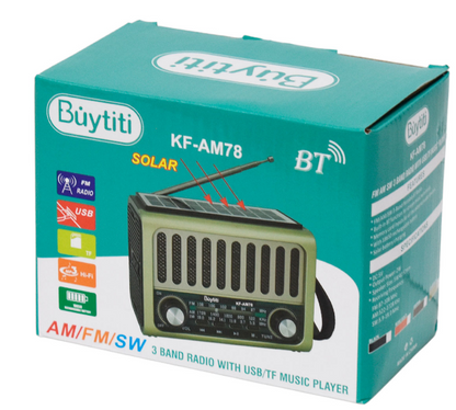 📻 Radio Portátil Buytiti KF-AM78 – AM/FM con Bluetooth y Panel Solar