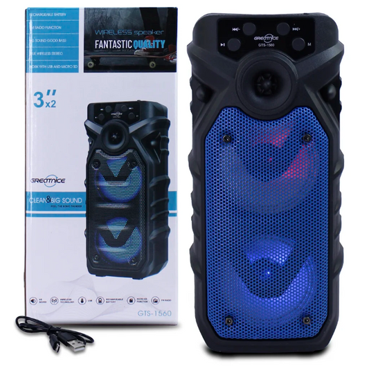 🔊 Bocina Portátil GTS-1560 (2 × 3") – Bluetooth, Luces LED y Radio FM