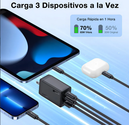 ⚡ Cargador 1Hora GAR322 65W GaN – 3 Puertos (2×USB-C + 1×USB-A)