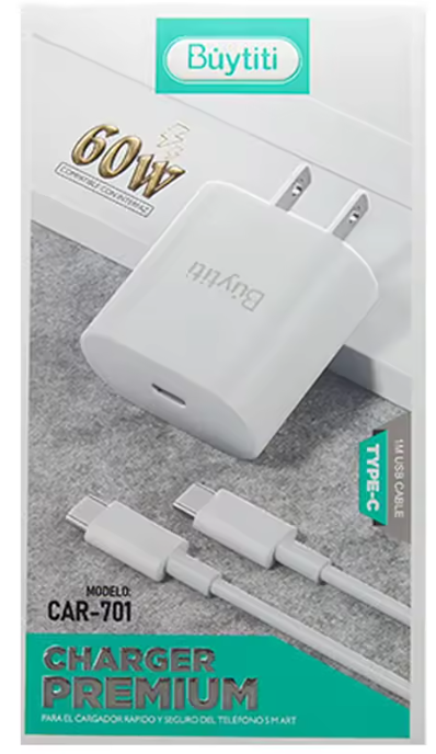 ⚡ Cargador Rápido USB-C 60W Buytiti CAR-701 – Blanco