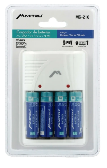 🔋 Cargador Mitzu MC-210 para Baterías AA, AAA y 9V con 4 Pilas AA de 700 mAh