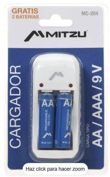 🔋 Cargador Mitzu MC-204 para Baterías AA, AAA y 9V con 2 Pilas AA de 700 mAh