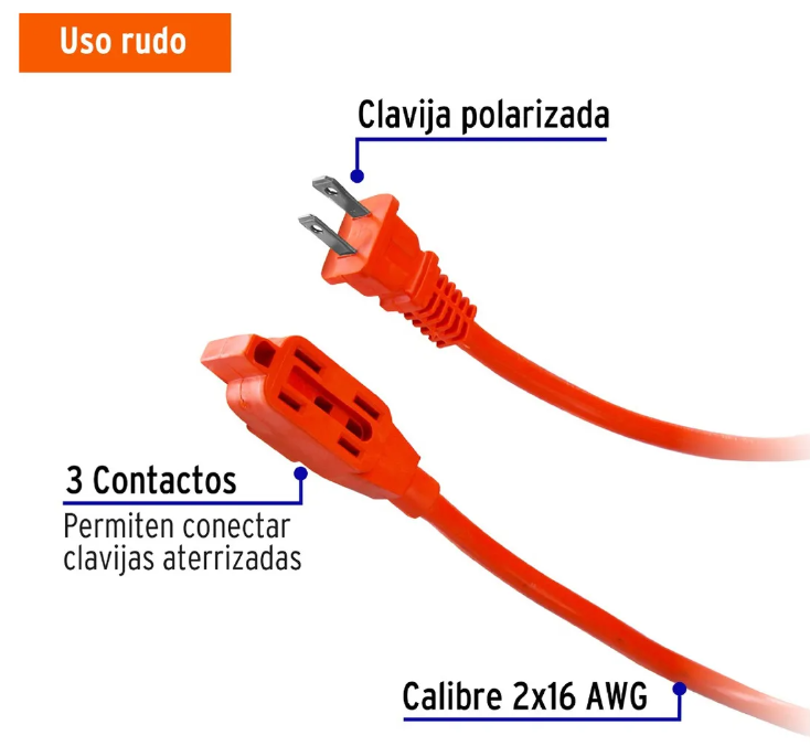 🔌 Extensión Eléctrica de Uso Rudo 2 Metros, Calibre 16 AWG