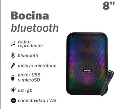 🔊 Bocina Portátil Link Bits SA8053T – 8" con Bluetooth, Micrófono y Luces LED