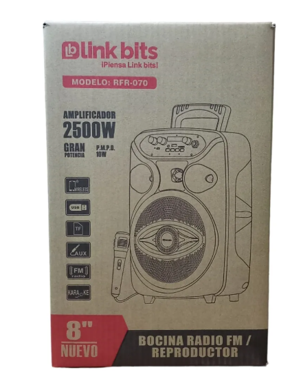 🔊 Bocina Portátil Link Bits RFR070 / SA8058T – 8" con Bluetooth, Micrófono y Luces LED