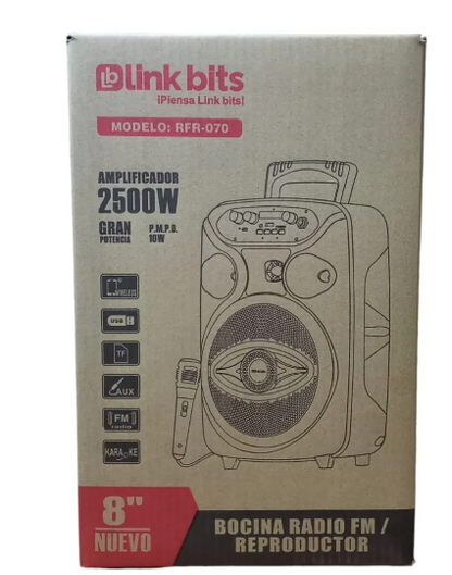 🔊 Bocina Portátil Link Bits RFR070 / SA8058T – 8" con Bluetooth, Micrófono y Luces LED