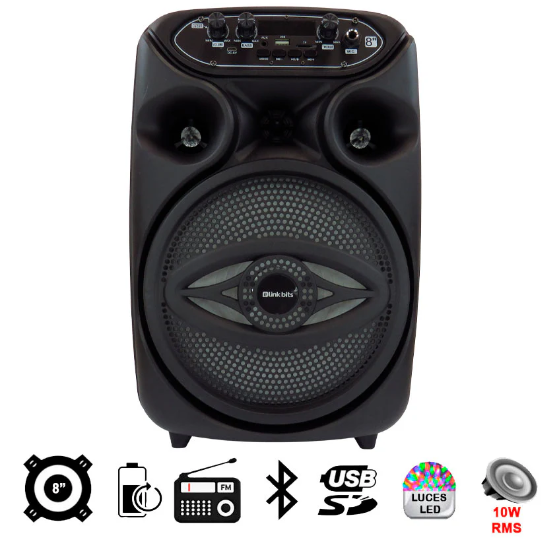 🔊 Bocina Portátil Link Bits RFR070 / SA8058T – 8" con Bluetooth, Micrófono y Luces LED