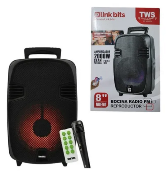 🔊 Bocina Bluetooth Link Bits SA890T – 8" con Micrófono, Control Remoto y Luces LED
