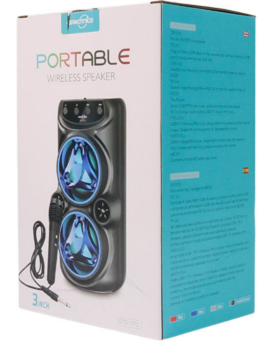 🧰 Bocina Bluetooth GTS-1772 con doble altavoz de 3" y micrófono alámbrico