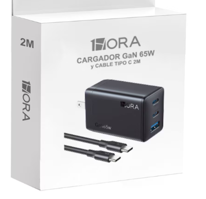 ⚡ Cargador 1Hora GAR322 65W GaN – 3 Puertos (2×USB-C + 1×USB-A)