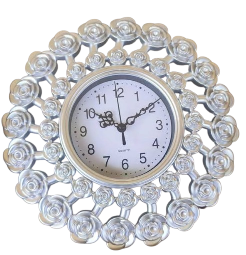 🕒Reloj de pared redondo con rosas plateado QUARTZ